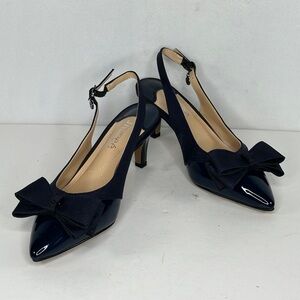 J Renee Gabino Navy Patent Leather Fabric Slingback Shoes Bow Sz 5